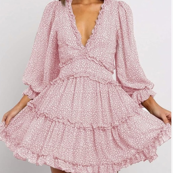 Pink Long Sleeve Ruffle Layer Swing Dress. - Picture 2 of 11